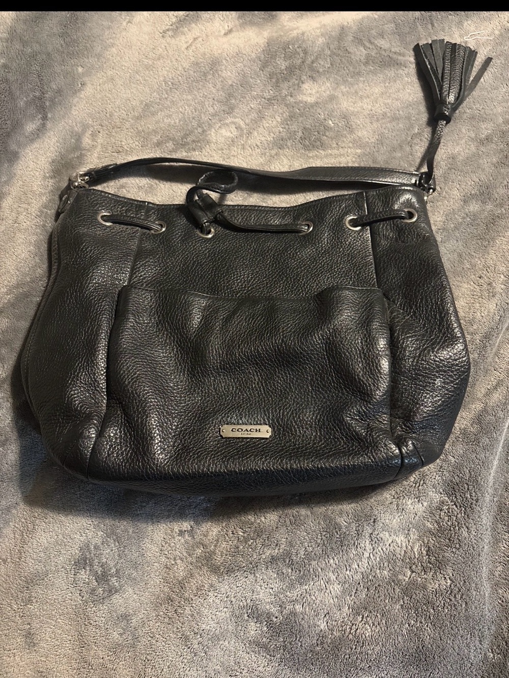 Coach Black Pebbled Leather Drawstring Shoulder Bag with Tassel